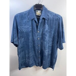 Banana Cabana Men's XXL Blue Leaf Print Silk Button Down Short Sleeve Shirt